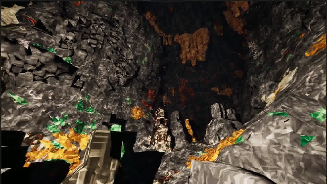 Vast cave chamber with green crystal formations and golden ore veins across grey rock