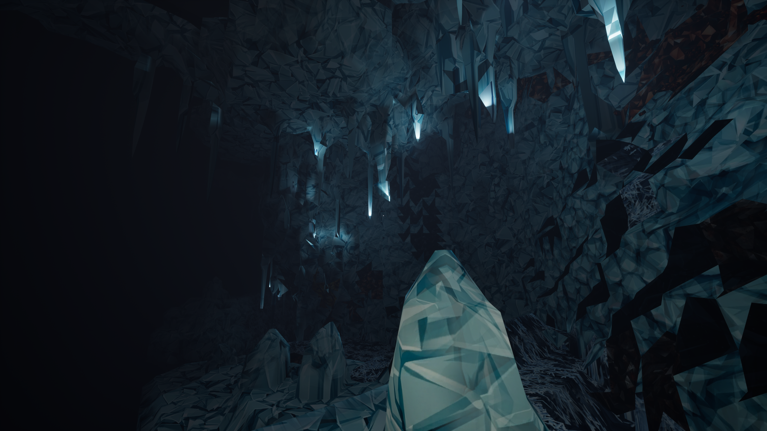 Icy crystal cavern with glowing stalactites
